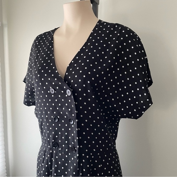 Vintage Blouseworks Polka Dot Wide Leg Jumpsuit Double Breasted Black White Plus - Picture 6 of 12